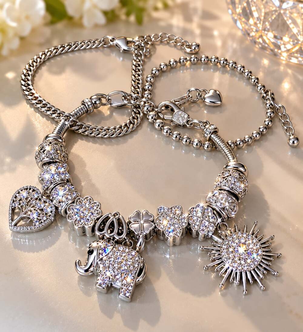 Tree of Life Elephant Crystal 3 Piece Bracelet Set